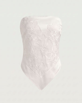 Haut style foulard sans bretelles brodé d'orchidées - Blanc
