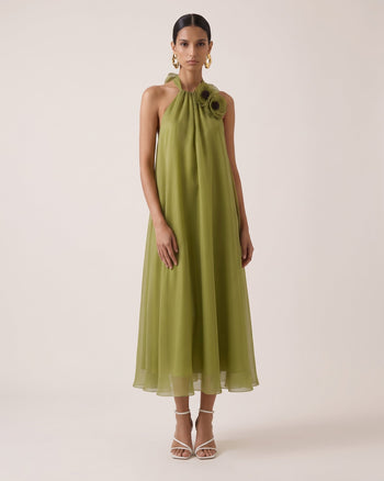 Poppy Robe midi trapèze avec détails brodés au niveau du cou - Vert olive