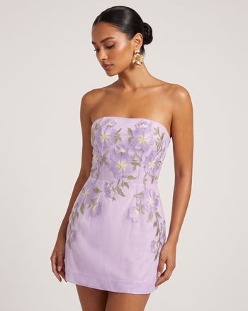Robe courte bustier à broderies florales - Violet clair