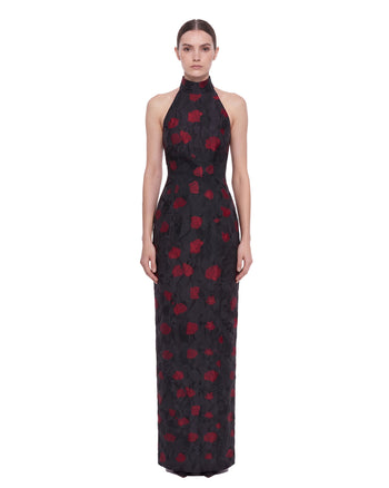 Robe longue dos nu à fleurs en jacquard - Noir et rouge