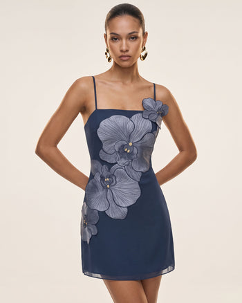 Mini-robe à application d'orchidée - Bleu foncé