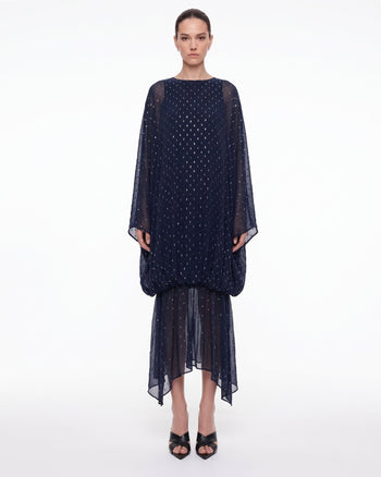 Robe longue transparente ornée à ourlet ballon - Bleu marine