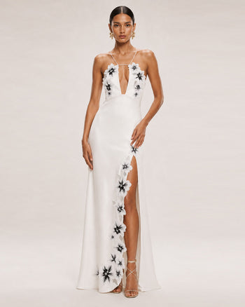Robe longue dos nu à découpes et broderies florales - Blanc