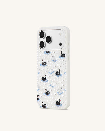 Coque de téléphone cygne ornée de perles - Blanc