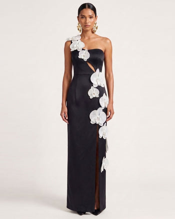 Robe longue à découpes et ornements orchidée - Noir
