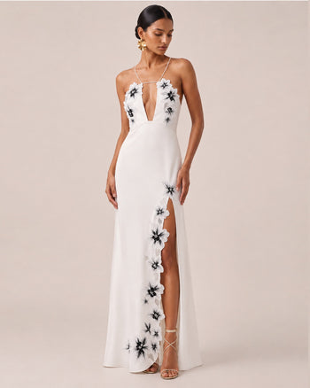 Robe longue dos nu à découpes et broderies florales - Blanc
