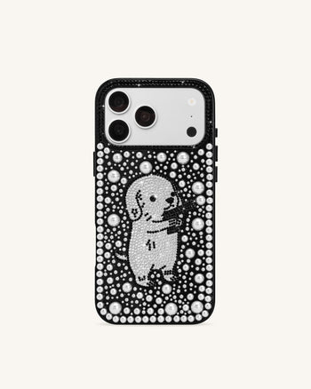 Coque de téléphone chiot en perles et cristaux artificiels - Noir