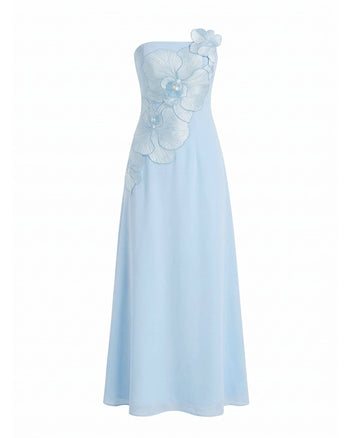 Robe longue bustier trapèze brodée d'orchidées - Bleu clair