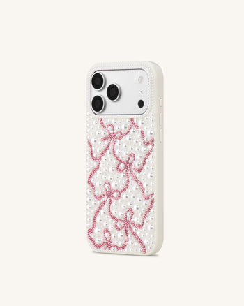 Coque de téléphone nœud ruban en perles et cristaux artificiels - Blanc