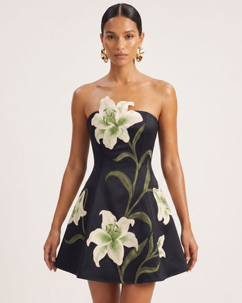 Lily Robe courte trapèze bustier à imprimé floral - Noir
