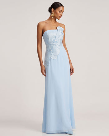 Robe longue bustier trapèze brodée d'orchidées - Bleu clair