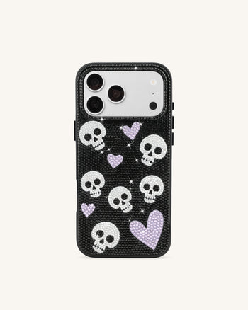 Coque de téléphone strass cœur et tête de mort - Noir