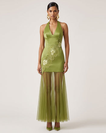 Robe longue dos nu à ourlet transparent et broderies orchidées - Olive