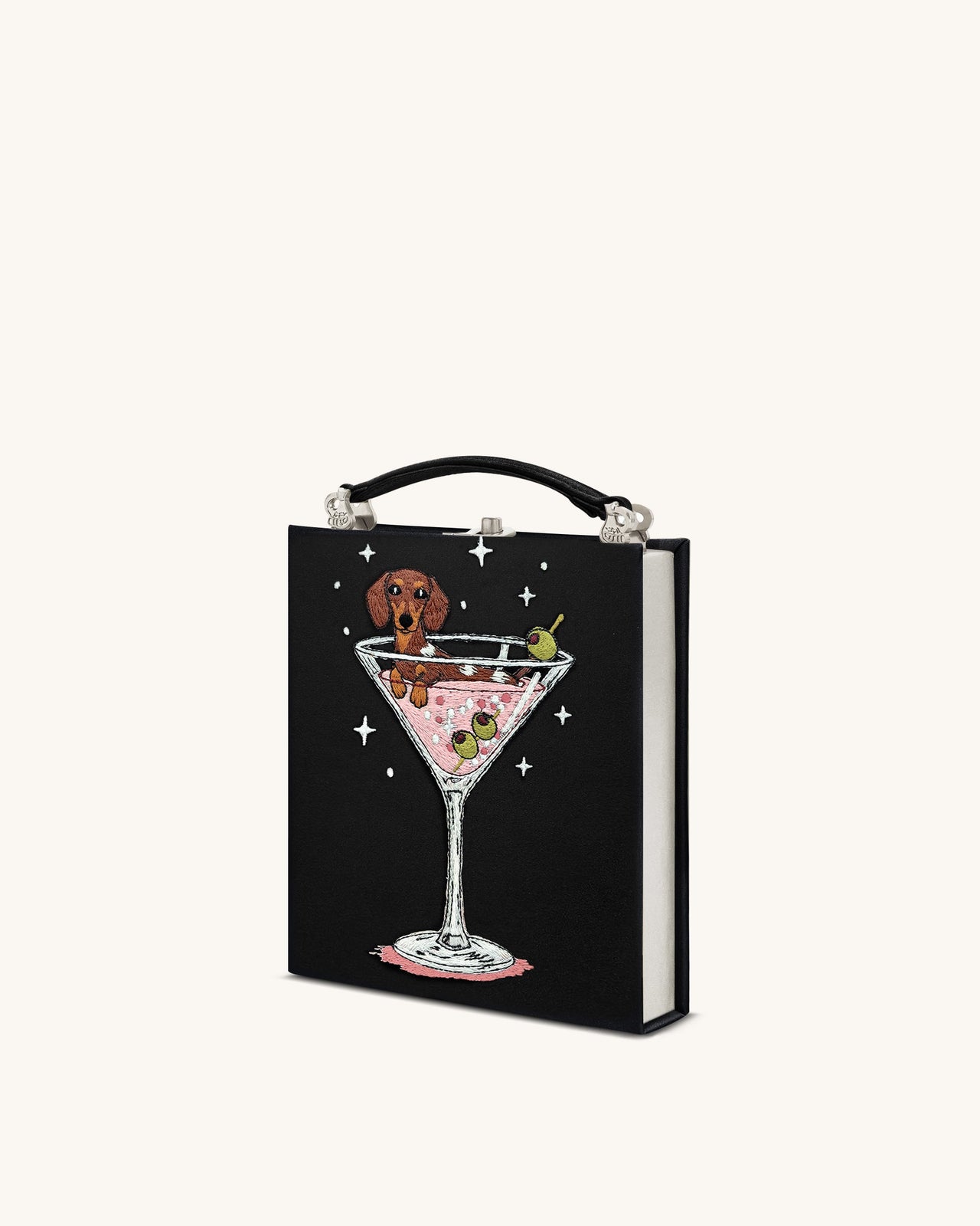 Taya Pochette forme livre à motif chiot et verre de vin - Noir