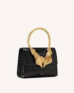 Sac à main supérieur avec poignée en métal et fleur de lys calla Astrid - Croco noir