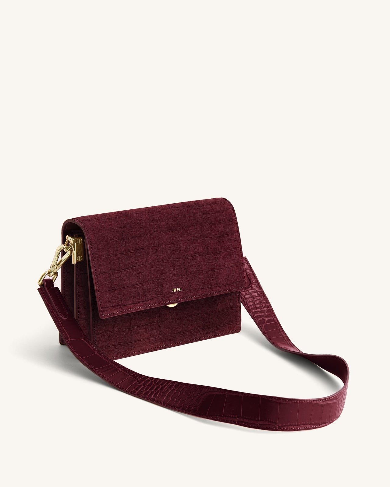 Mini Sac Bandoulière à Rabat en Faux Suède Gaufré Croco - Bourgogne