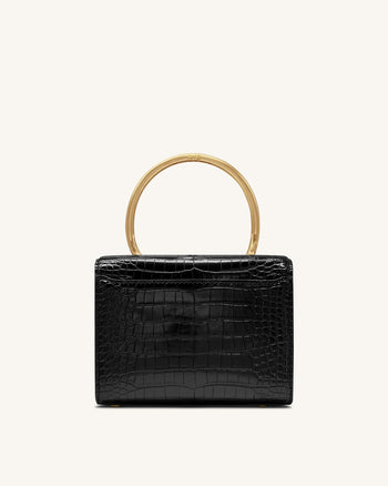 Sac à main supérieur avec poignée en métal et fleur de lys calla Astrid - Croco noir