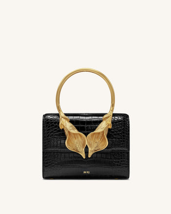 Sac à main supérieur avec poignée en métal et fleur de lys calla Astrid - Croco noir