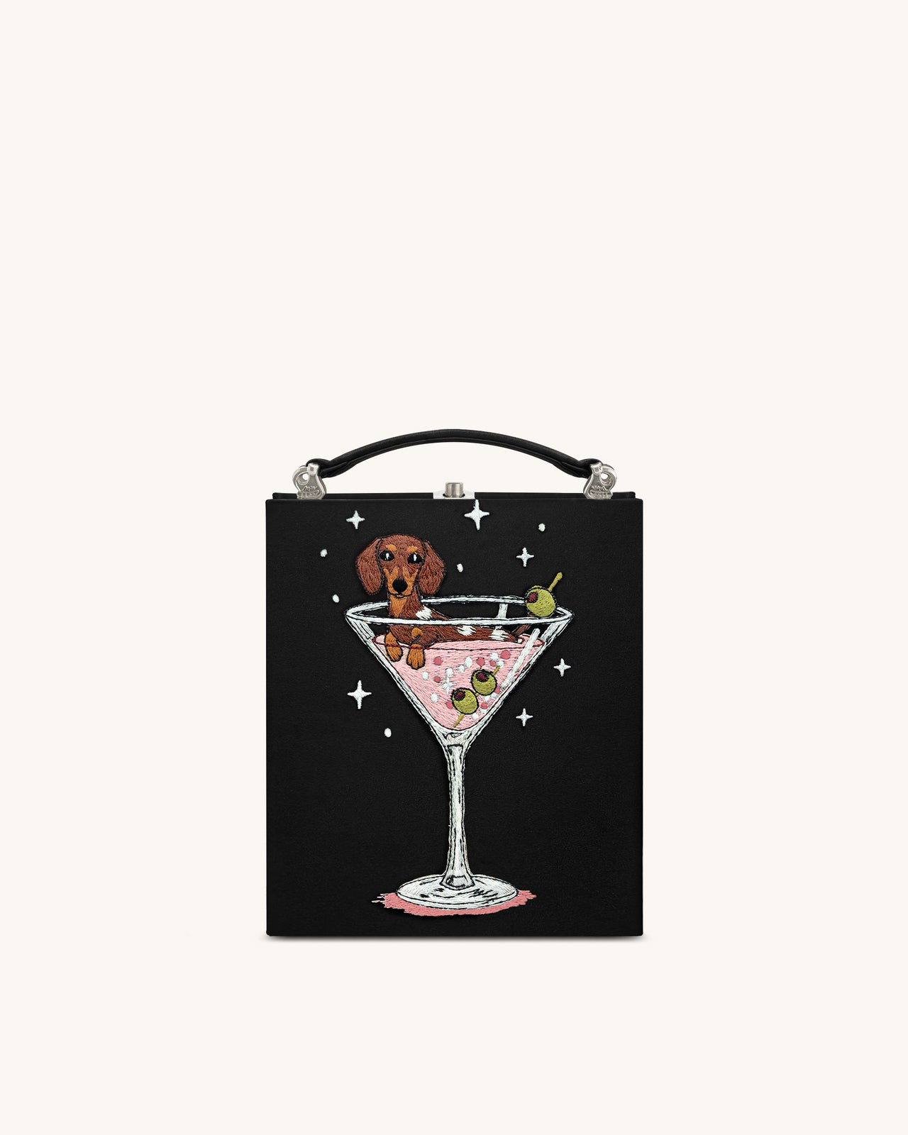 Taya Pochette forme livre à motif chiot et verre de vin - Noir