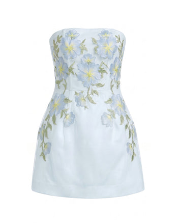 Robe courte corset bustier à broderies florales - Bleu clair