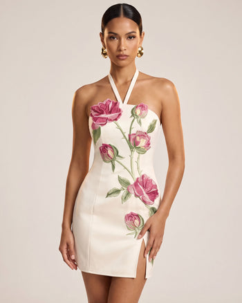 Robe courte dos nu avec broderies roses et fente latérale - Blanc pur