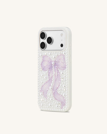 Coque de téléphone nœud en perles et cristaux artificiels - Blanc