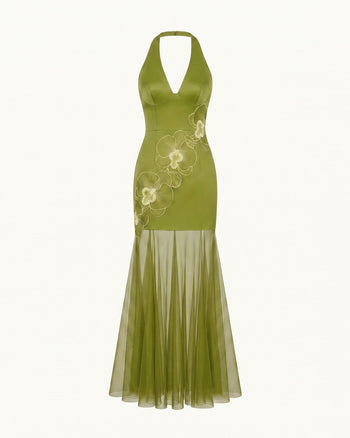 Robe longue dos nu à ourlet transparent et broderies orchidées - Olive