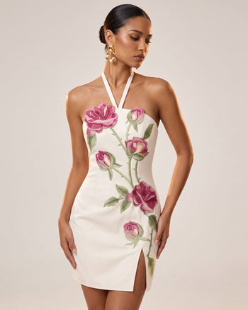 Robe courte dos nu avec broderies roses et fente latérale - Blanc pur
