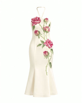 Robe midi dos nu avec broderies roses - Blanc cassé