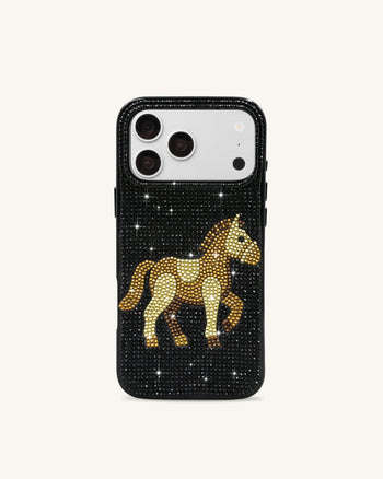 Coque de téléphone en cristal artificiel Cheval doré - Noir