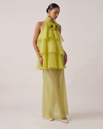 Poppy Robe longue à volants superposés et dos nu brodé - Vert citron