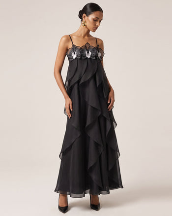 Robe longue en organza brodée d'orchidées - Noir
