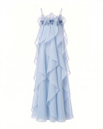 Robe longue en organza brodée d'orchidées - Bleu clair