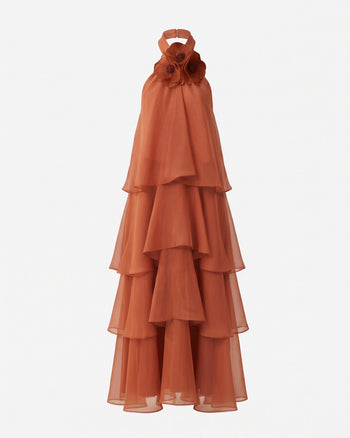 Poppy Robe longue à volants superposés et dos nu brodé - Orange brûlé