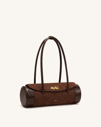 Maelis Sac baril en faux daim avec garniture façon croco - Marron foncé