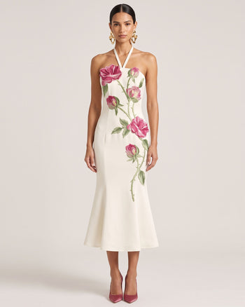 Robe midi dos nu avec broderies roses - Blanc cassé