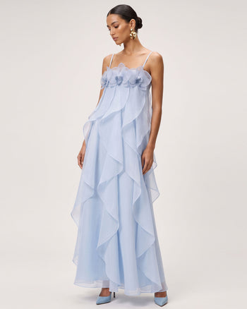 Robe longue en organza brodée d'orchidées - Bleu clair