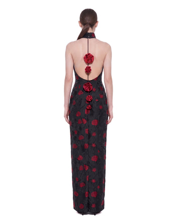 Robe longue dos nu à fleurs en jacquard - Noir et rouge