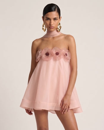 Poppy Robe courte dos nu drapée brodée - Rose poudré