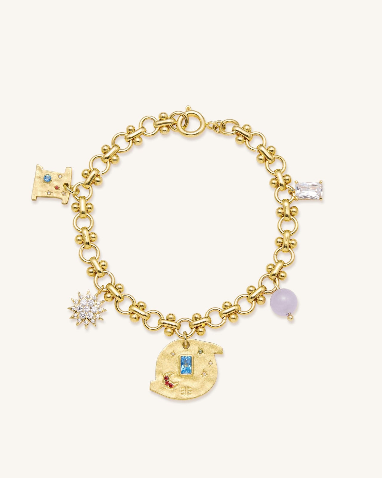 Bracelet Multi Breloques Rond Cosmos - Plaqué Or 18ct & Zircon Multicolore & Perles Mauves