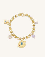 Bracelet Multi Breloques Rond Cosmos - Plaqué Or 18ct & Zircon Multicolore & Perles Mauves
