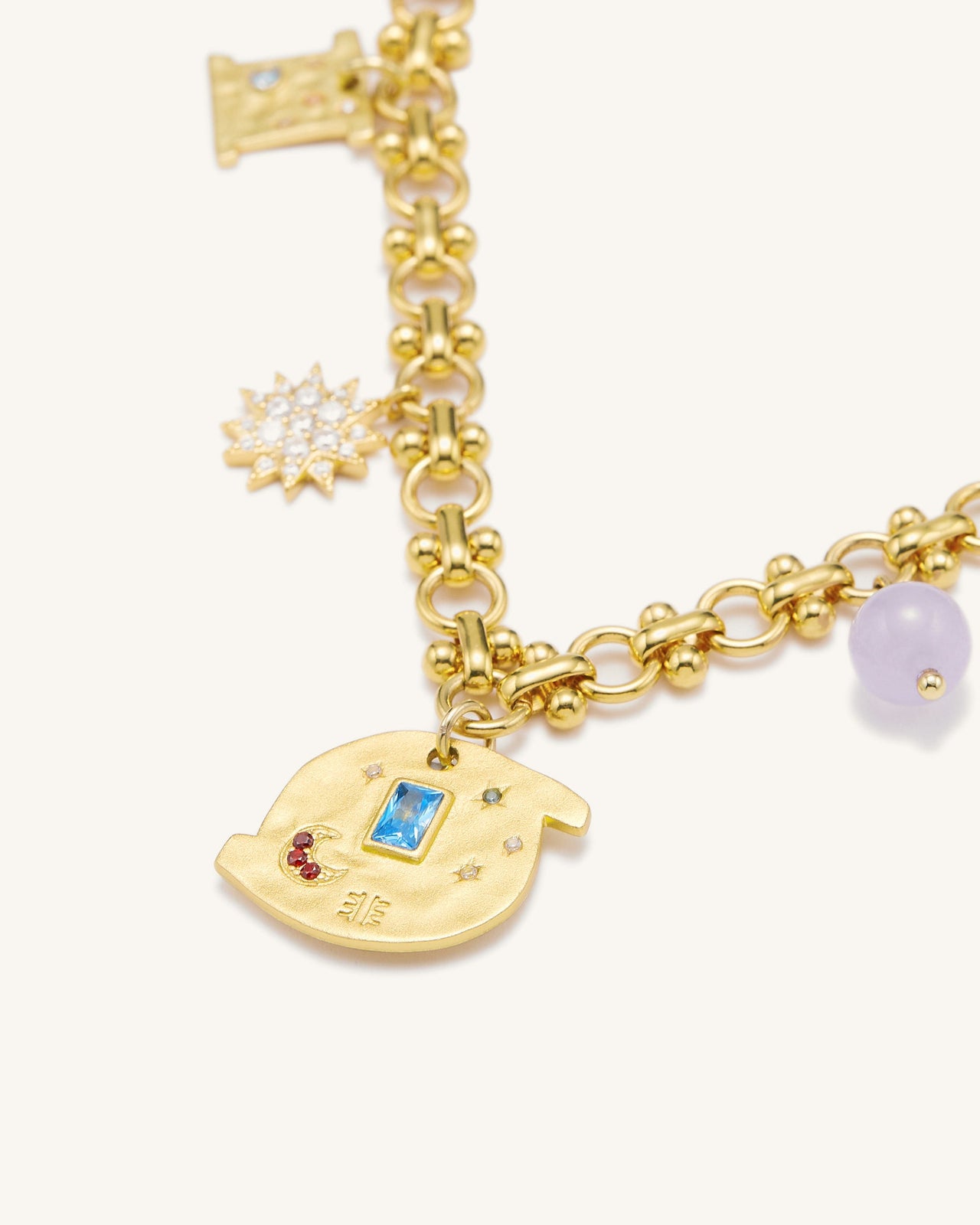 Bracelet Multi Breloques Rond Cosmos - Plaqué Or 18ct & Zircon Multicolore & Perles Mauves