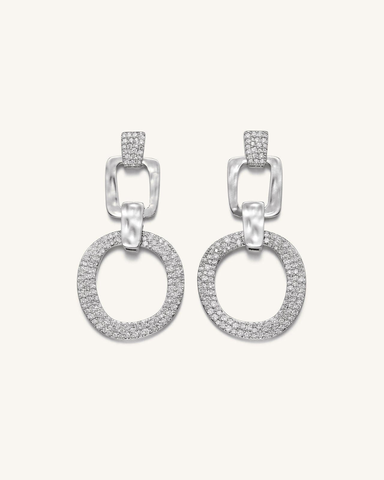 Boucles D'oreilles Géométrique Ajourée - Plaqué Or Blanc 18ct & Zircon Blanc