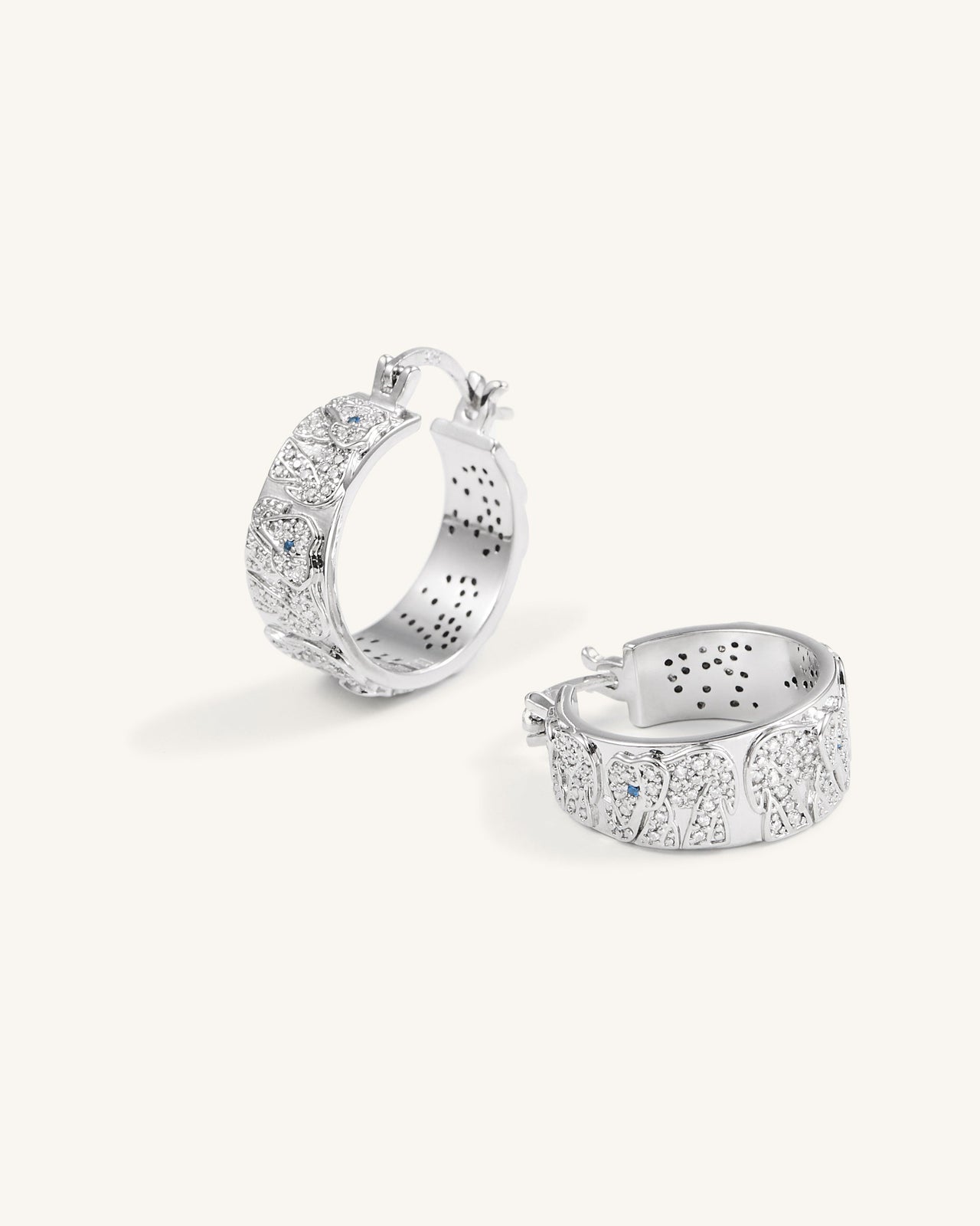 Boucles D'oreilles Eléphant - Plaqué Or Blanc 18ct & Zircon Blanc & Spinelle Bleu