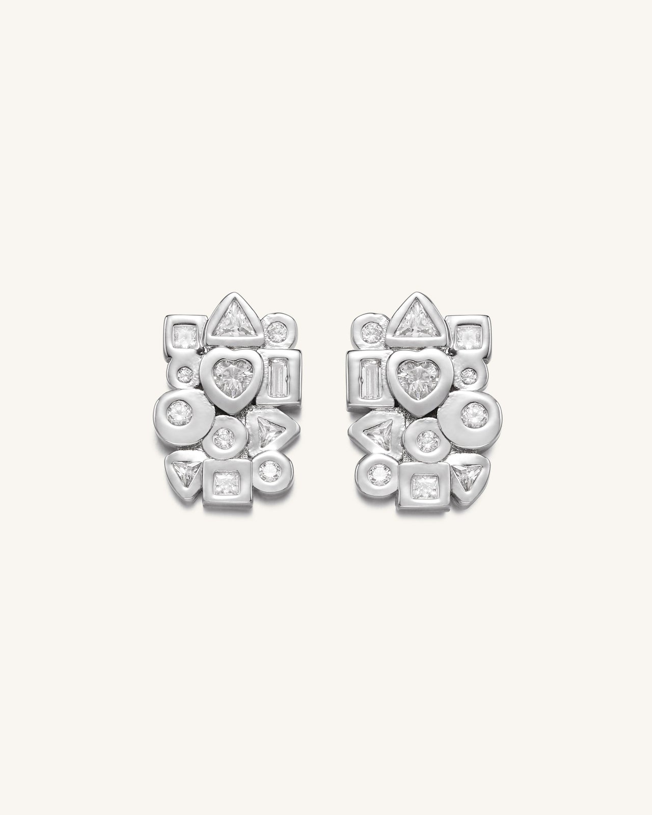 Boucles D'oreilles Combinaison Géométrique - Plaqué Or Blanc 18ct & Zircon Blanc