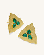 Boucles D'oreilles Feuille - Plaqué Or 18ct & Zircon Vert Foncé